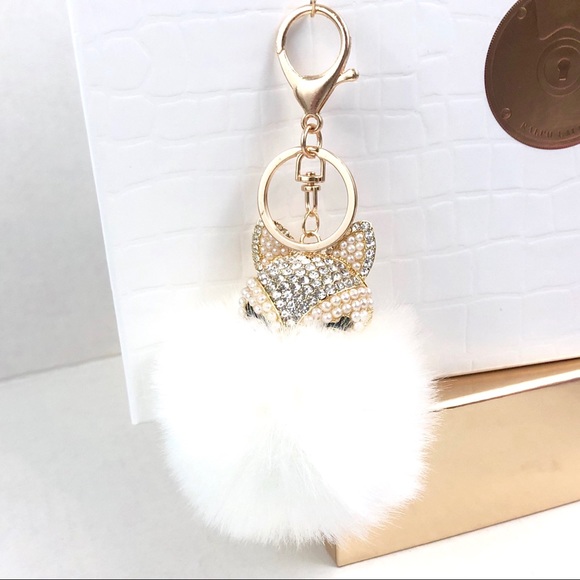 🛍️ Fox Pom W/Rhinestone Keychain Charm Keyring - Picture 3 of 6